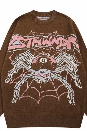Style Core Aesthetics, New Style Trends - Evil Spider Graphic Knit Cotton Sweater