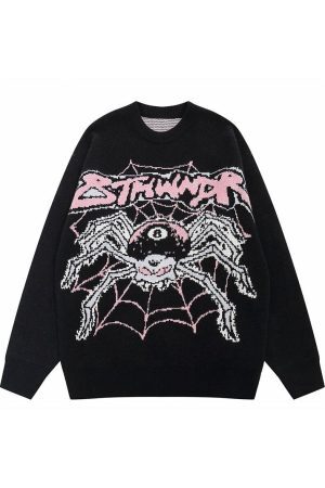 Style Core Aesthetics, New Style Trends - Evil Spider Graphic Knit Cotton Sweater