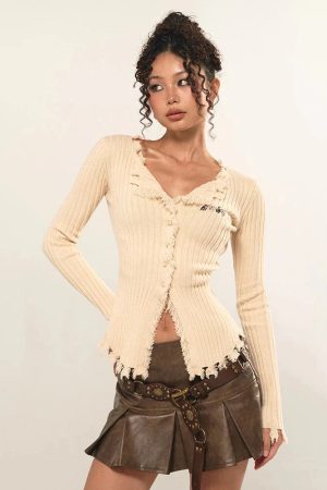 Style Core Aesthetics, New Style Trends - Fairy Grunge Corduroy Distressed Cardigan