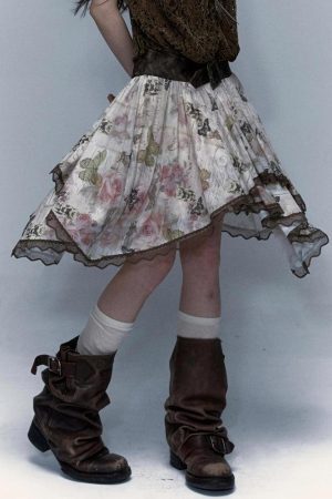 Style Core Aesthetics, New Style Trends - Fairy Grunge Floral Asymmetric Midi Skirt