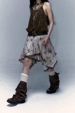 Style Core Aesthetics, New Style Trends - Fairy Grunge Floral Asymmetric Midi Skirt