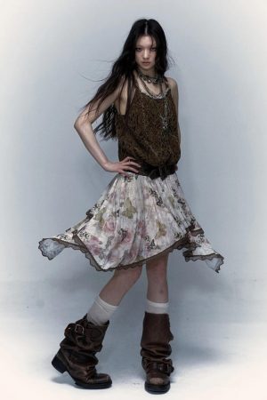 Style Core Aesthetics, New Style Trends - Fairy Grunge Floral Asymmetric Midi Skirt