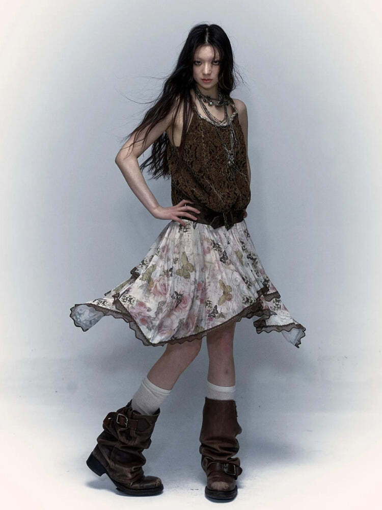 Style Core Aesthetics, New Style Trends - Fairy Grunge Floral Asymmetric Midi Skirt Style Core Aesthetics, New Style Trends - Fairy Grunge Floral Asymmetric Midi Skirt