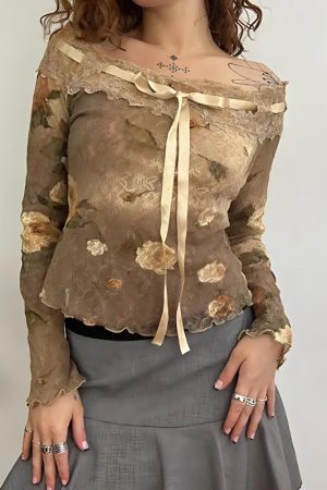 Style Core Aesthetics, New Style Trends - Fairy Grunge Floral Off Shoulder Lace Top