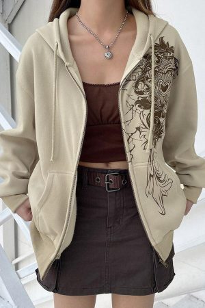 Style Core Aesthetics, New Style Trends - Fairy Grunge Floral Zip-Up Hoodie