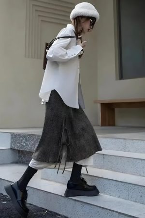 Style Core Aesthetics, New Style Trends - Fairy Grunge Lace Up Midi Skirt