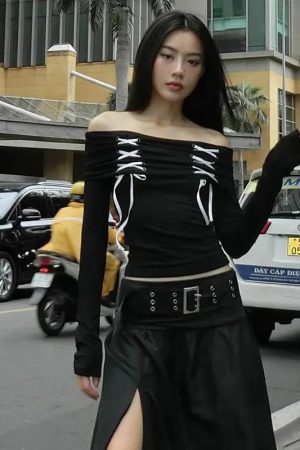 Style Core Aesthetics, New Style Trends - Fairy Grunge Off Shoulder Lace Up Top