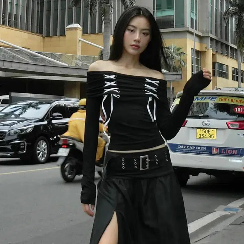 Style Core Aesthetics, New Style Trends - Fairy Grunge Off Shoulder Lace Up Top