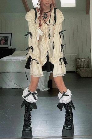 Style Core Aesthetics, New Style Trends - Fairy Grunge Ruffled Lace Up Top