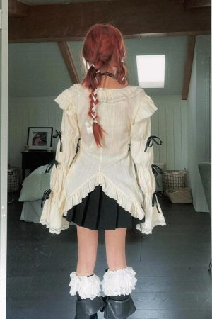 Style Core Aesthetics, New Style Trends - Fairy Grunge Ruffled Lace Up Top