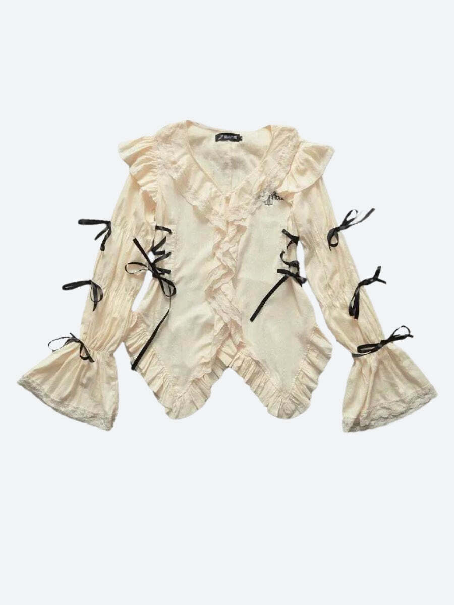 Style Core Aesthetics, New Style Trends - Fairy Grunge Ruffled Lace Up Top Style Core Aesthetics, New Style Trends - Fairy Grunge Ruffled Lace Up Top