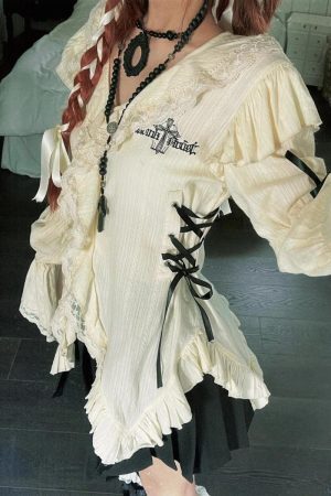 Style Core Aesthetics, New Style Trends - Fairy Grunge Ruffled Lace Up Top