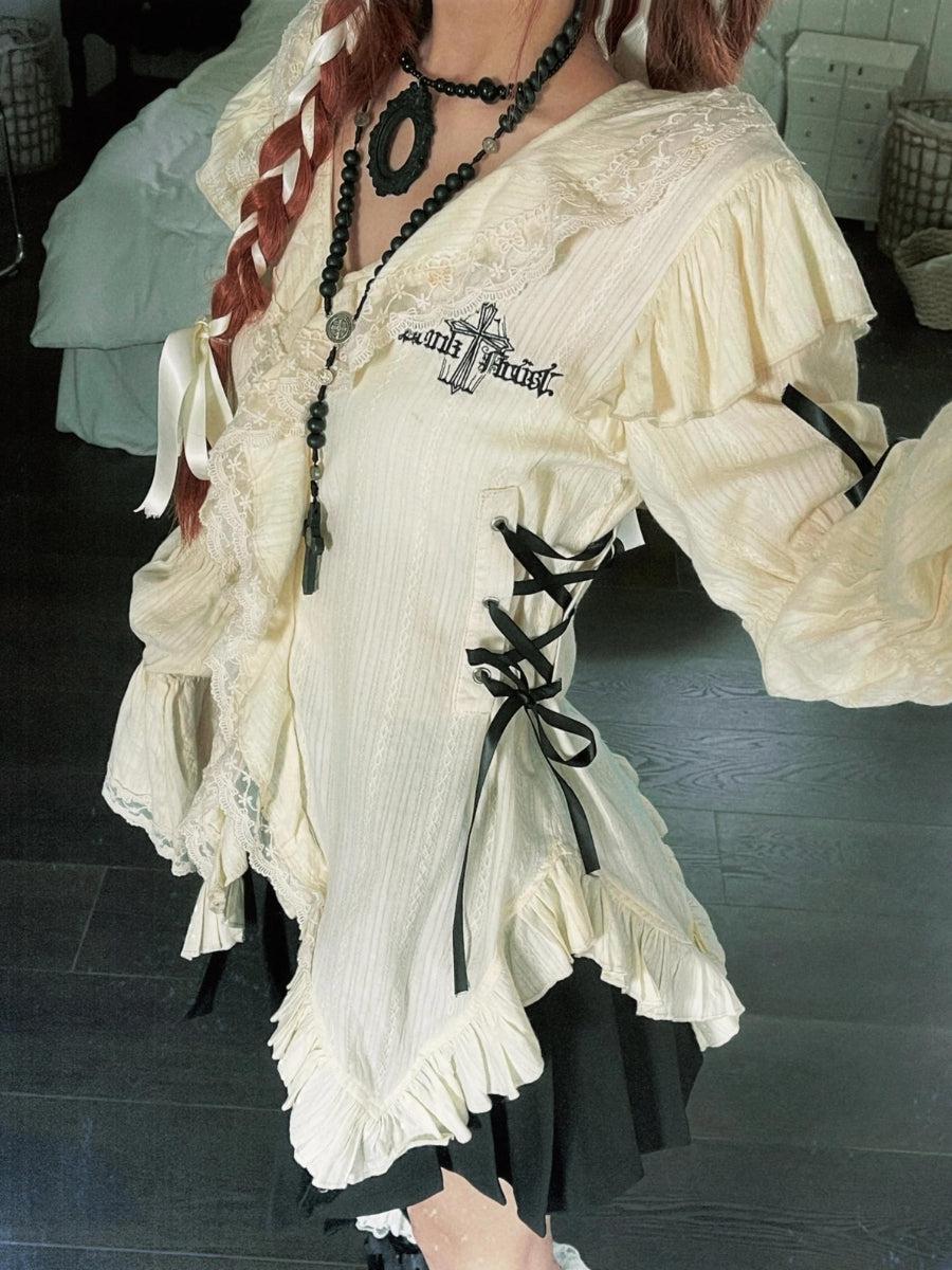 Style Core Aesthetics, New Style Trends - Fairy Grunge Ruffled Lace Up Top Style Core Aesthetics, New Style Trends - Fairy Grunge Ruffled Lace Up Top