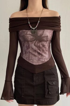 Style Core Aesthetics, New Style Trends - Fairycore Butterfly Ruched Off Shoulder Top