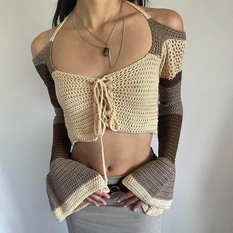 Style Core Aesthetics, New Style Trends - Flared Sleeve Crop Crochet Sweater
