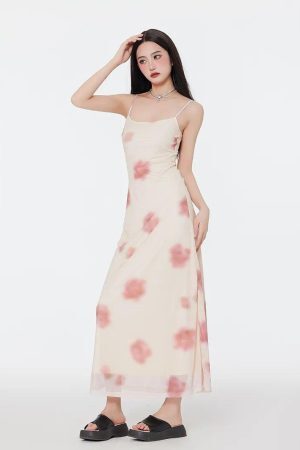 Style Core Aesthetics, New Style Trends - Floral Mesh Spaghetti Strap Maxi Dress