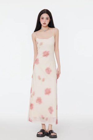 Style Core Aesthetics, New Style Trends - Floral Mesh Spaghetti Strap Maxi Dress