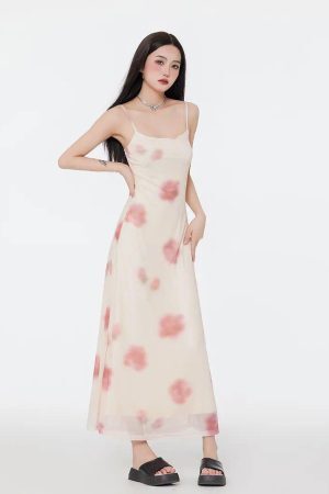 Style Core Aesthetics, New Style Trends - Floral Mesh Spaghetti Strap Maxi Dress