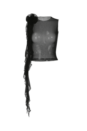 Style Core Aesthetics, New Style Trends - Flower Embellish Sheer Mesh Cropped Tank Top