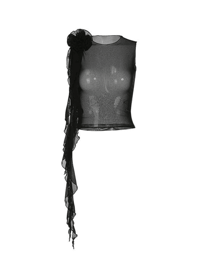 Style Core Aesthetics, New Style Trends - Flower Embellish Sheer Mesh Cropped Tank Top Style Core Aesthetics, New Style Trends - Flower Embellish Sheer Mesh Cropped Tank Top