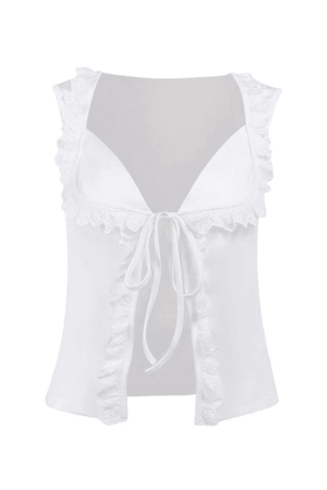 Style Core Aesthetics, New Style Trends - Frill Trim Lace Up White Tank Top