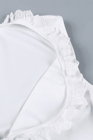 Style Core Aesthetics, New Style Trends - Frill Trim Lace Up White Tank Top