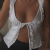 Style Core Aesthetics, New Style Trends - Frill Trim Lace Up White Tank Top