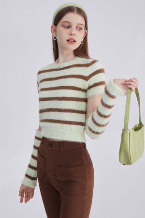 Style Core Aesthetics, New Style Trends - Fuzzy Striped Top + Gloves Set