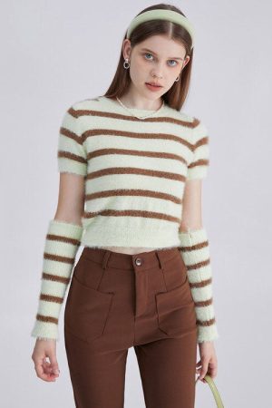 Style Core Aesthetics, New Style Trends - Fuzzy Striped Top + Gloves Set