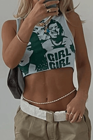 Style Core Aesthetics, New Style Trends - Girl Print Rib Cropped Tank Top