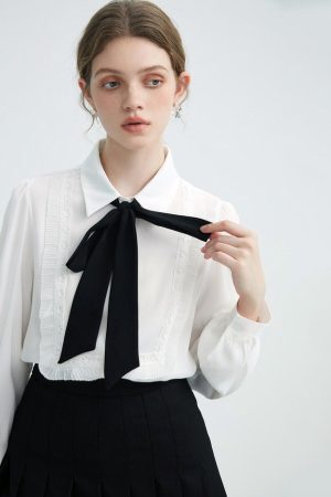 Style Core Aesthetics, New Style Trends - Good Manners Ruffle Bow Tie Neck Shirt