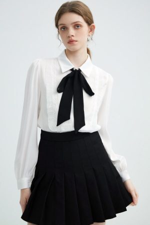 Style Core Aesthetics, New Style Trends - Good Manners Ruffle Bow Tie Neck Shirt