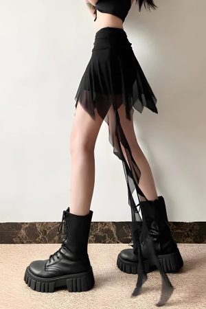 Style Core Aesthetics, New Style Trends - Goth Asymmetrical Mesh Mini Skirt