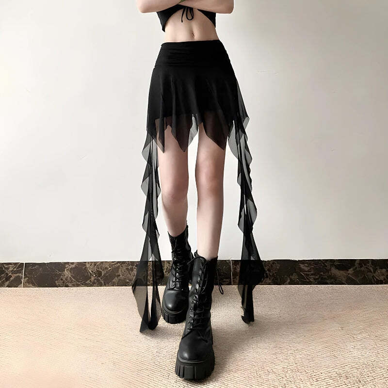 Style Core Aesthetics, New Style Trends - Goth Asymmetrical Mesh Mini Skirt