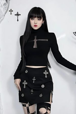 Style Core Aesthetics, New Style Trends - Goth Cross Cut Out Top
