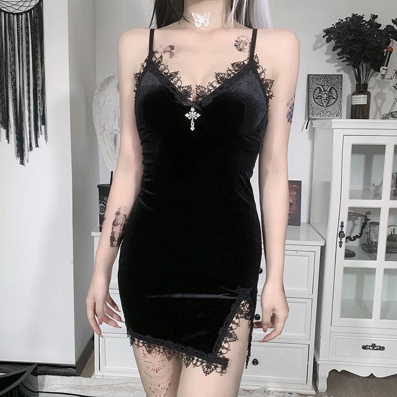 Style Core Aesthetics, New Style Trends - Goth Cross Detail Mini Dress Style Core Aesthetics, New Style Trends - Goth Cross Detail Mini Dress