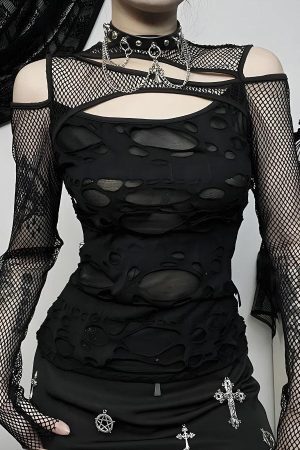 Style Core Aesthetics, New Style Trends - Goth Fishnet Ripped Top