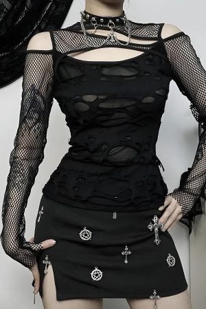 Style Core Aesthetics, New Style Trends - Goth Fishnet Ripped Top