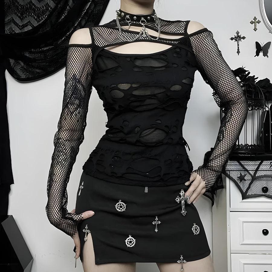 Style Core Aesthetics, New Style Trends - Goth Fishnet Ripped Top
