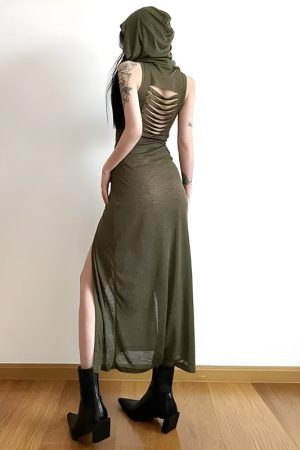 Style Core Aesthetics, New Style Trends - Goth Hooded Cut Out Back Midi Dress