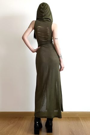 Style Core Aesthetics, New Style Trends - Goth Hooded Cut Out Back Midi Dress