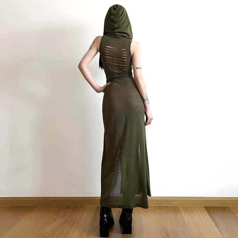 Style Core Aesthetics, New Style Trends - Goth Hooded Cut Out Back Midi Dress
