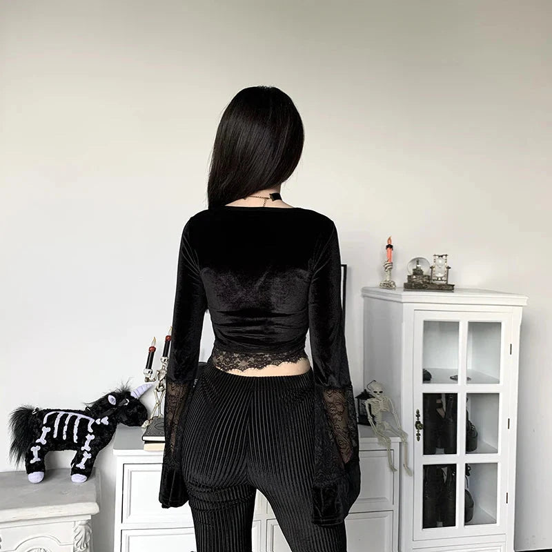 Style Core Aesthetics, New Style Trends - Goth Lace Flare Cuffs Crop Top Style Core Aesthetics, New Style Trends - Goth Lace Flare Cuffs Crop Top