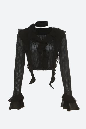 Style Core Aesthetics, New Style Trends - Goth Sheer Ruffled Crop Top
