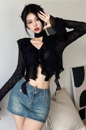 Style Core Aesthetics, New Style Trends - Goth Sheer Ruffled Crop Top