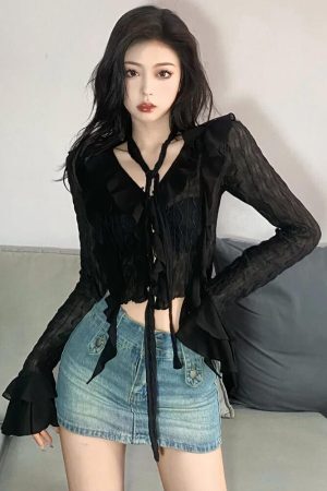 Style Core Aesthetics, New Style Trends - Goth Sheer Ruffled Crop Top