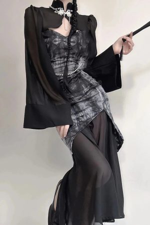 Style Core Aesthetics, New Style Trends - Goth Wide Sleeve Qipao Midi Dress