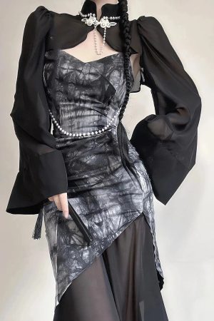 Style Core Aesthetics, New Style Trends - Goth Wide Sleeve Qipao Midi Dress