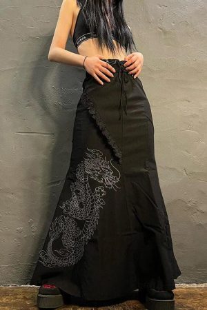 Style Core Aesthetics, New Style Trends - Gothic Dragon Printed Midi Skirt