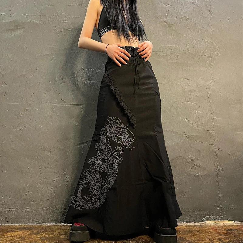 Style Core Aesthetics, New Style Trends - Gothic Dragon Printed Midi Skirt